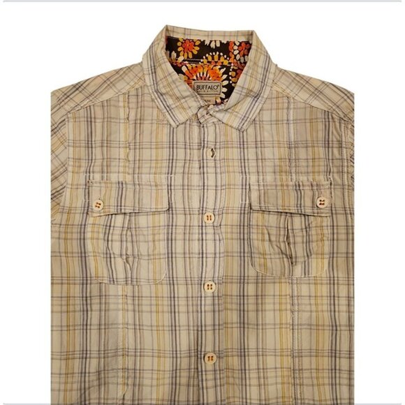 Buffalo David Bitton Plaid Button-Up Shirt M/M Beige & Yellow Cotton Floral Lini - Picture 5 of 5